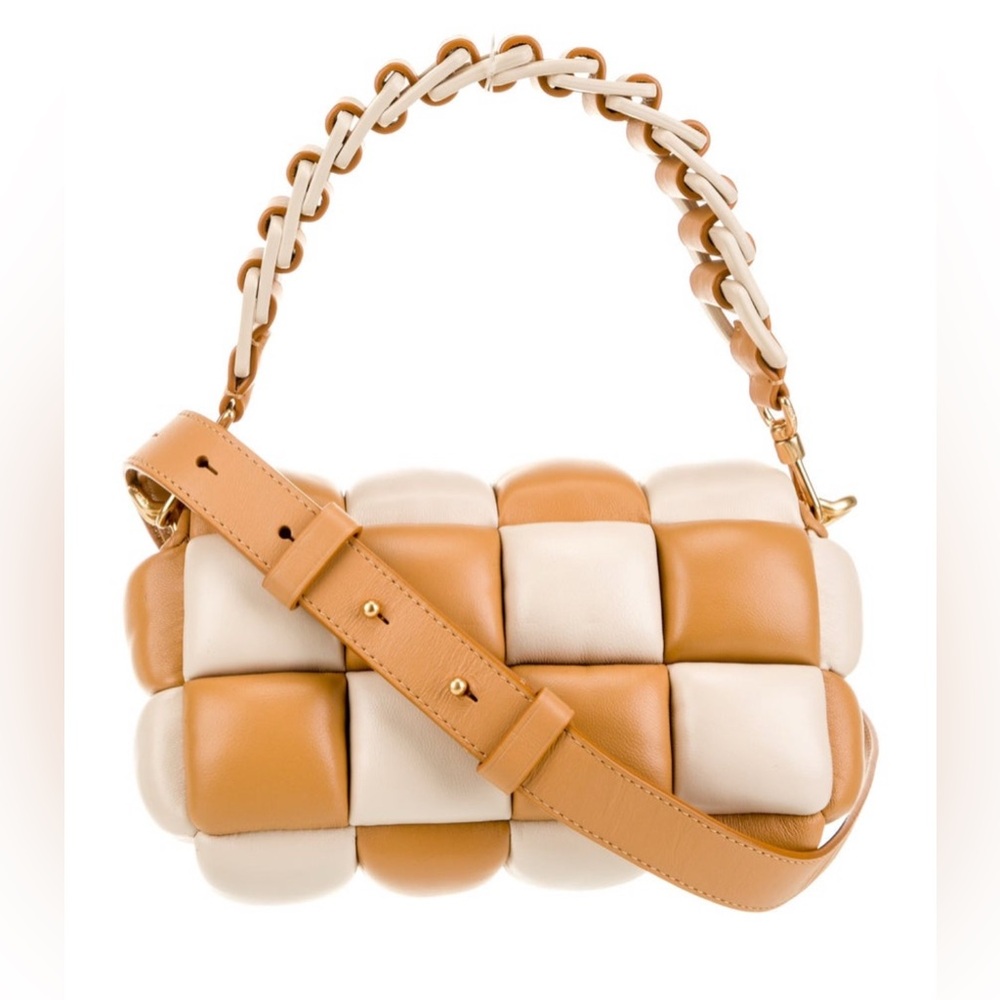 Limited Edition Kate Spade Boxxy East West Woven leather Tan Cream Bag excellent - Picture 2 of 6